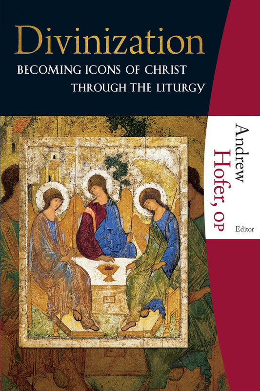 Book cover of 'Divinization: Becoming Icons of Christ Through the Liturgy' with an illustration of three figures around a table.