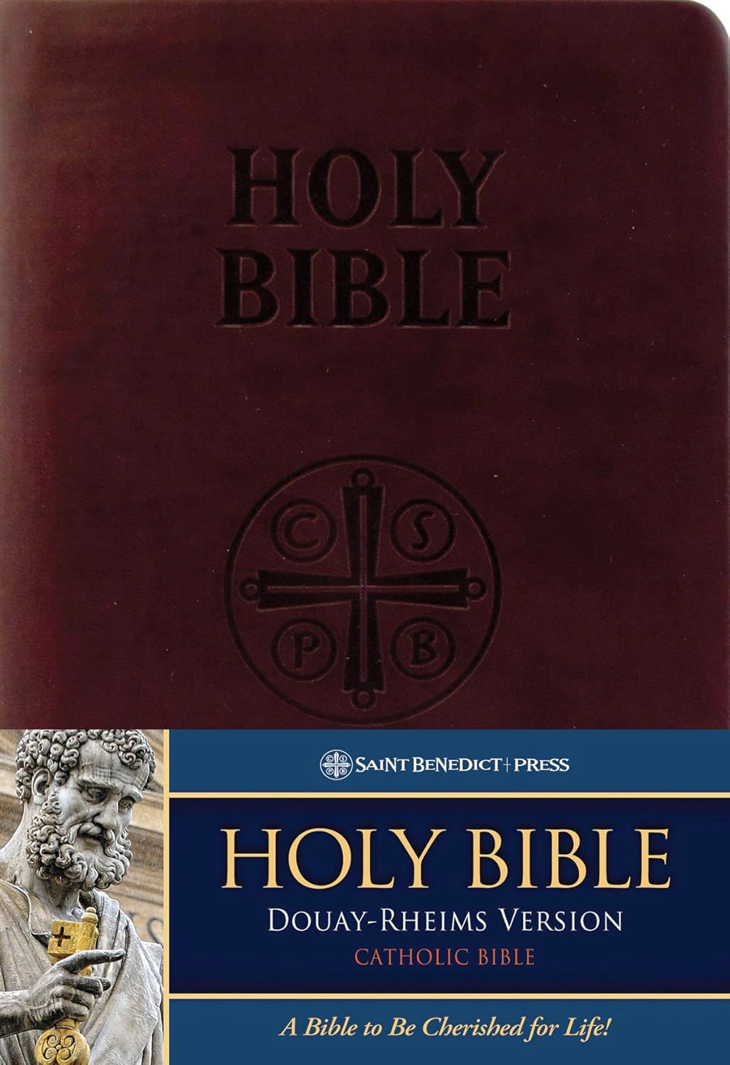 Maroon cover of a Catholic Bible with Saint Benedict Press logo