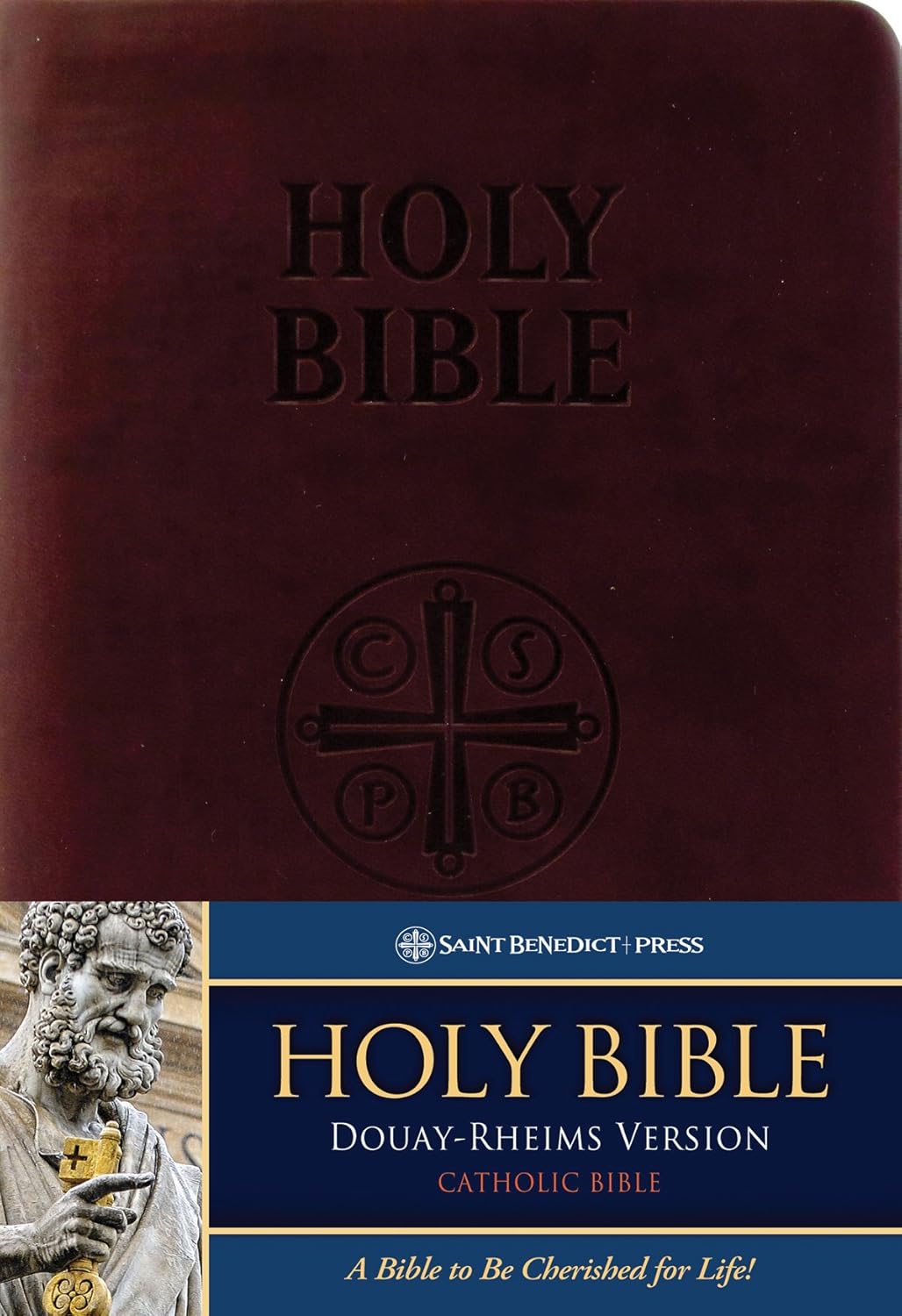 Maroon Bible cover with 'Holy Bible' text and Saint Benedict Press logo