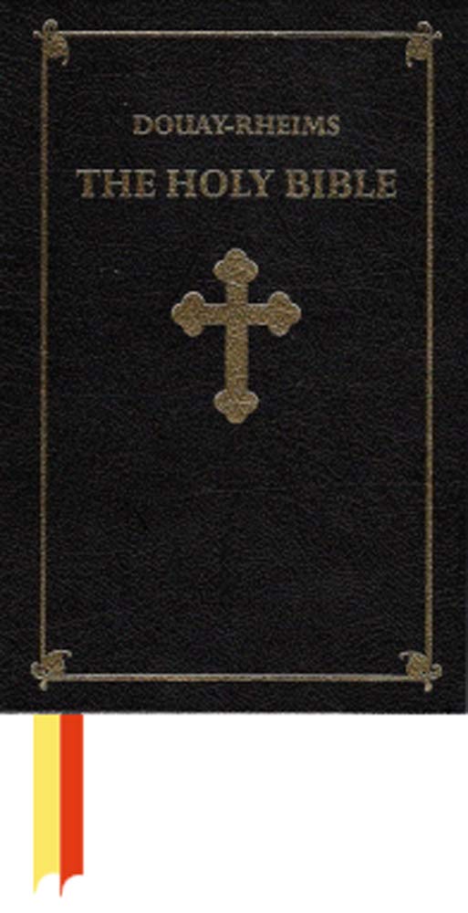Black Bible cover with gold cross and text 'Douay-Rheims The Holy Bible'