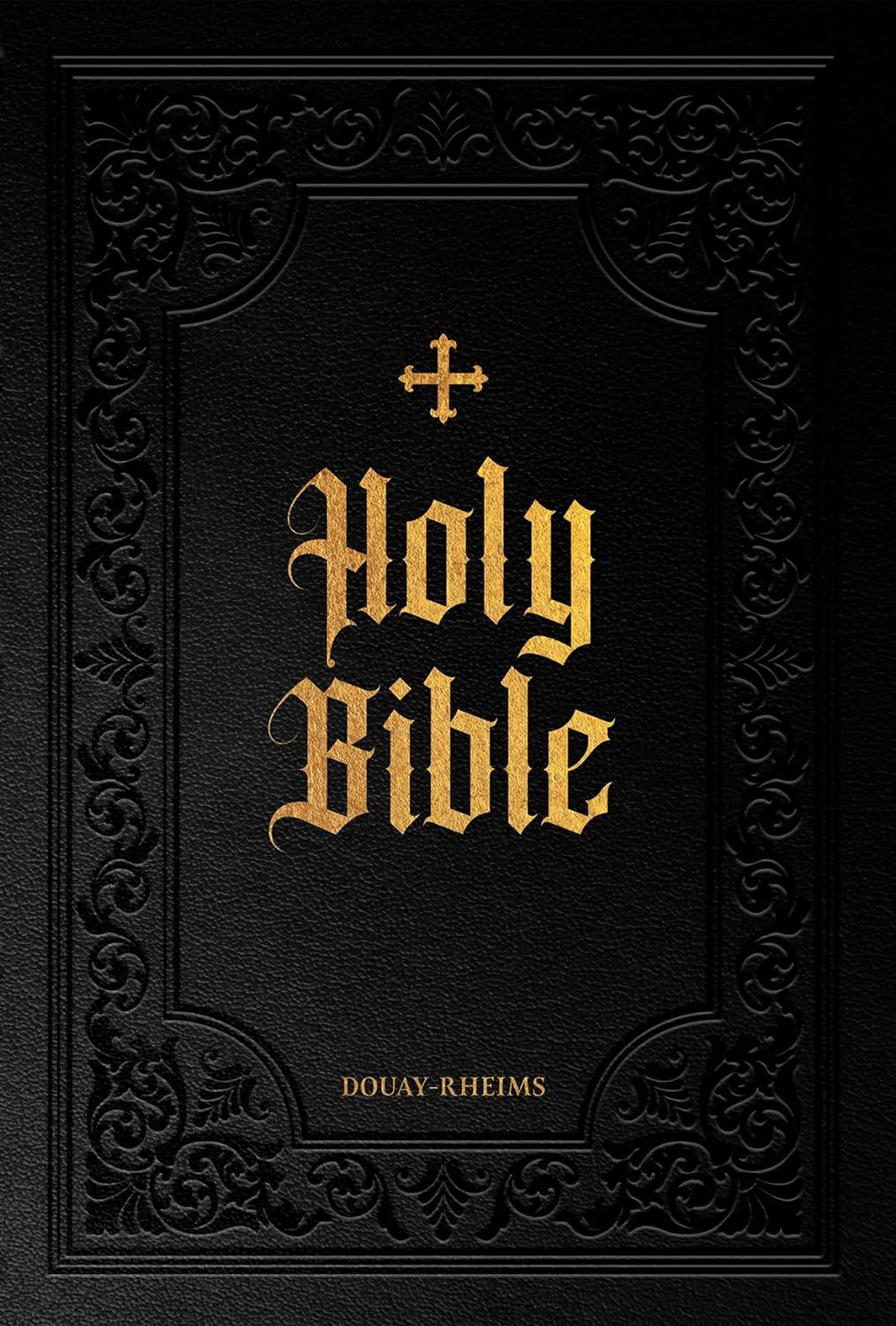 The image features the cover of the "Holy Bible Douay-Rheims" with ornate black embossing and the title prominently displayed in gold lettering.