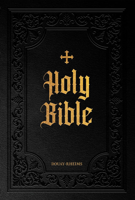 The image features the cover of the "Holy Bible Douay-Rheims" with ornate black embossing and the title prominently displayed in gold lettering.