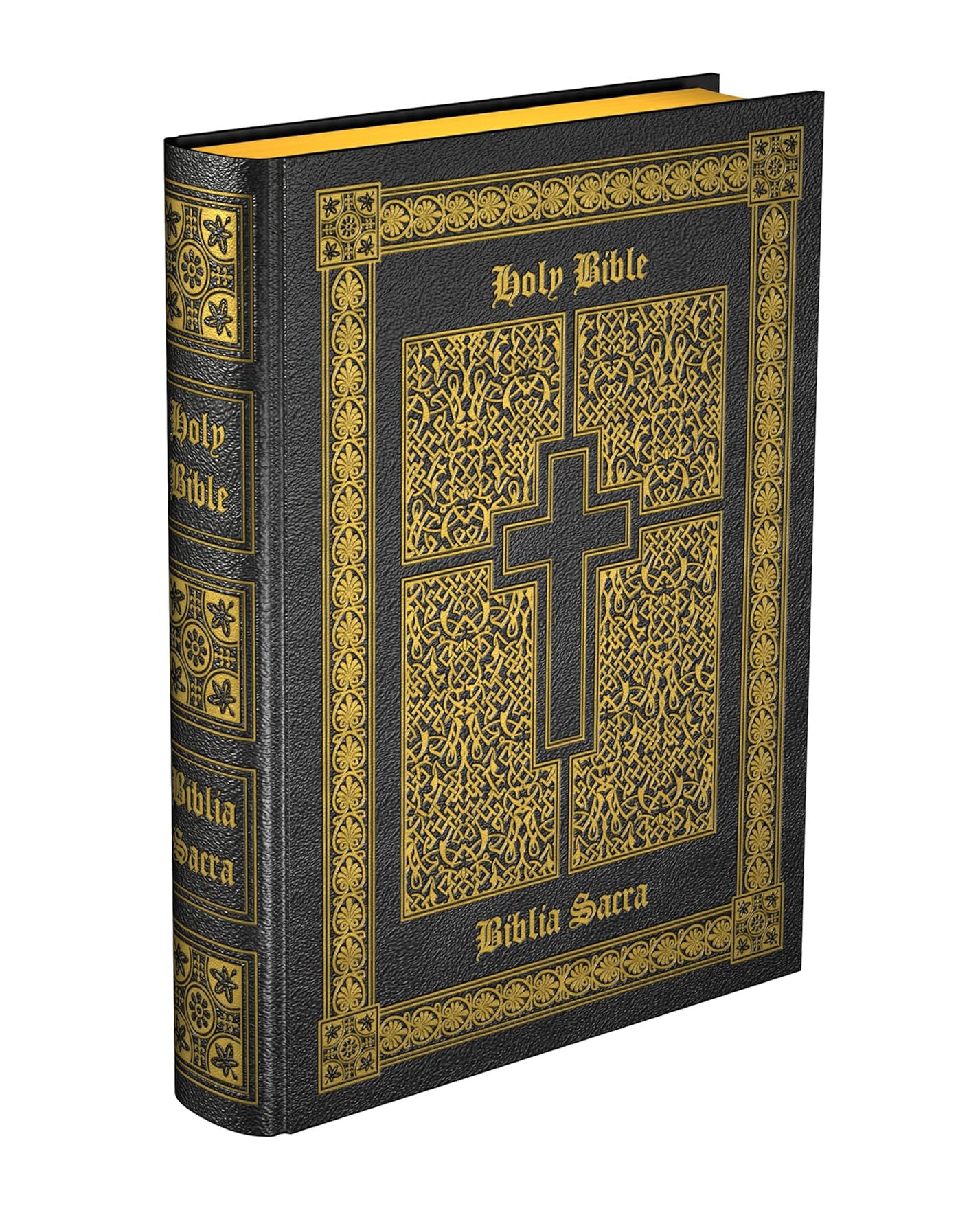 Decorative black and gold Bible with intricate designs and a cross on the cover.