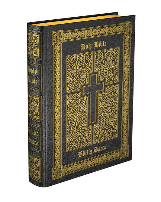 Decorative black and gold Bible with intricate designs and a cross on the cover.