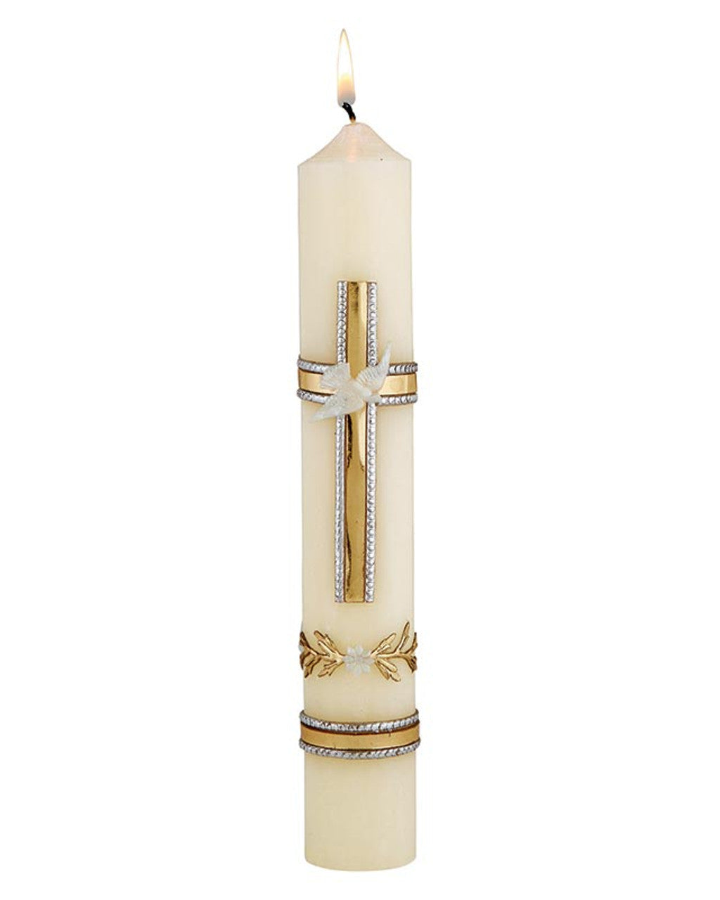 A white confirmation candle with gold decorations, including a cross and dove, on a light background.