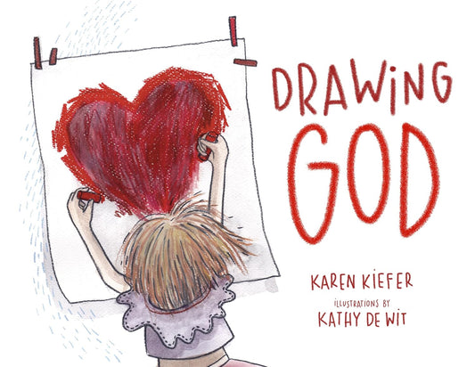 Cover of the book 'Drawing God' featuring an illustration of a child with a drawing of a heart-shaped figure, presumably drawing God, with the title text added.