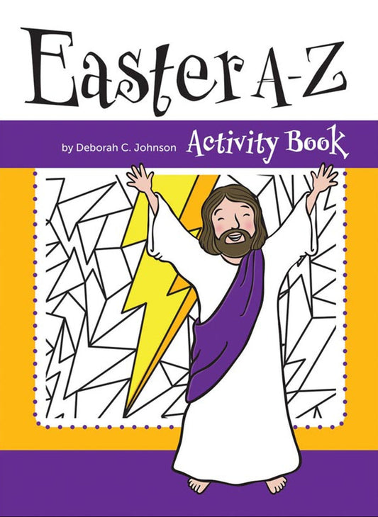 Cover of 'Easter A - Z Activity Book' featuring an illustration of a cheerful Easter-themed character with a purple and yellow background, title text, and a graphic of a golden cross.
