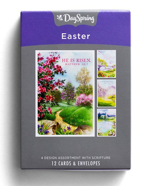 A box of Easter greeting cards with 'He is Risen' design, including 12 cards and envelopes.