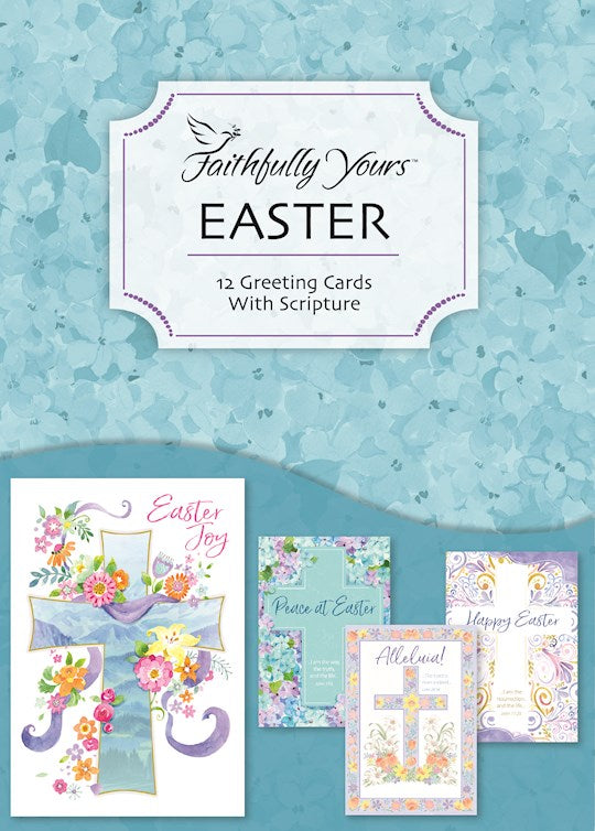 A box of 12 Easter greeting cards with envelopes, featuring various designs with floral elements and religious motifs.