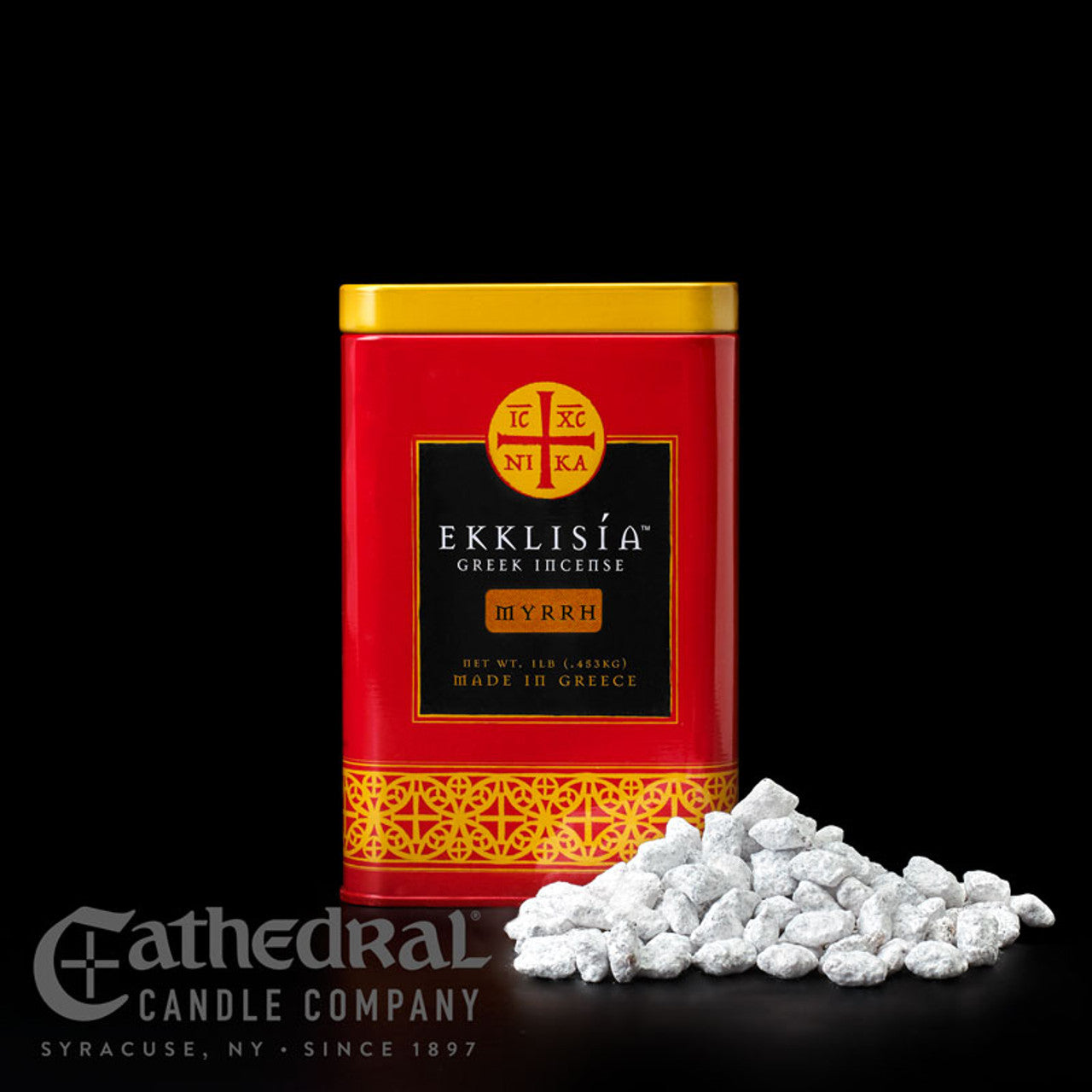 Red Ekklisia Greek incense canister with white incense crystals on a black background