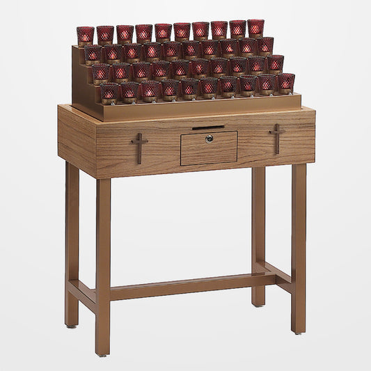 Wooden display stand with multiple small containers on a white background