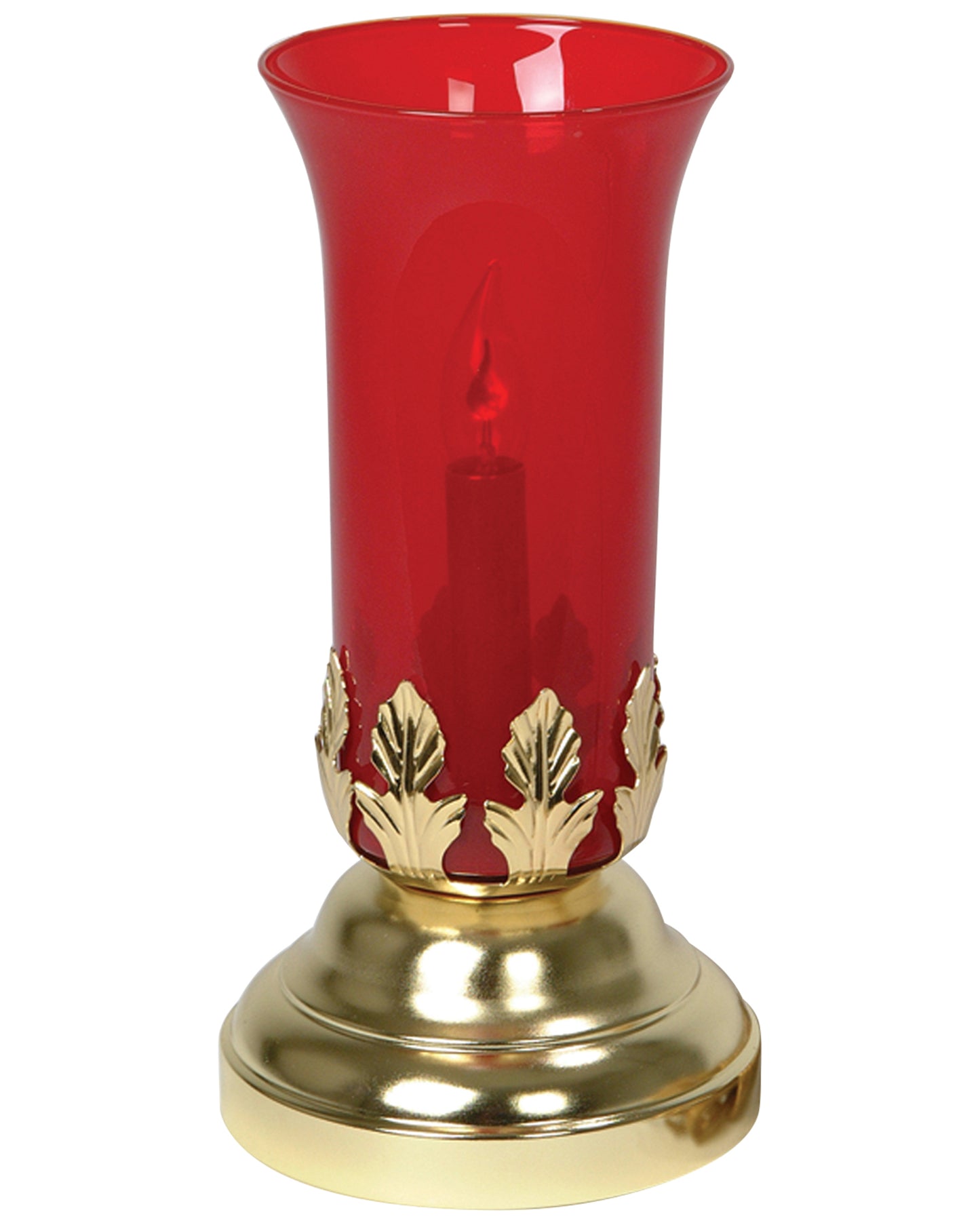 Red glass candle holder with gold base on a white background