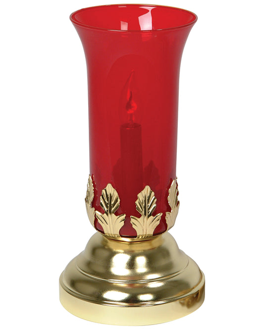 Red glass candle holder with gold base on a white background