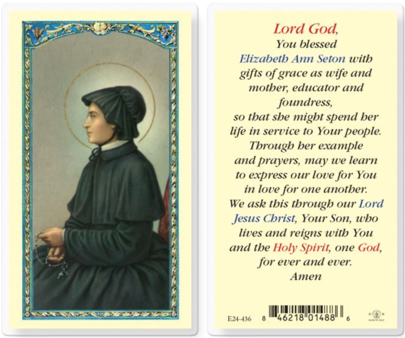 Prayer card with a portrait of a woman and religious text on a light yellow background