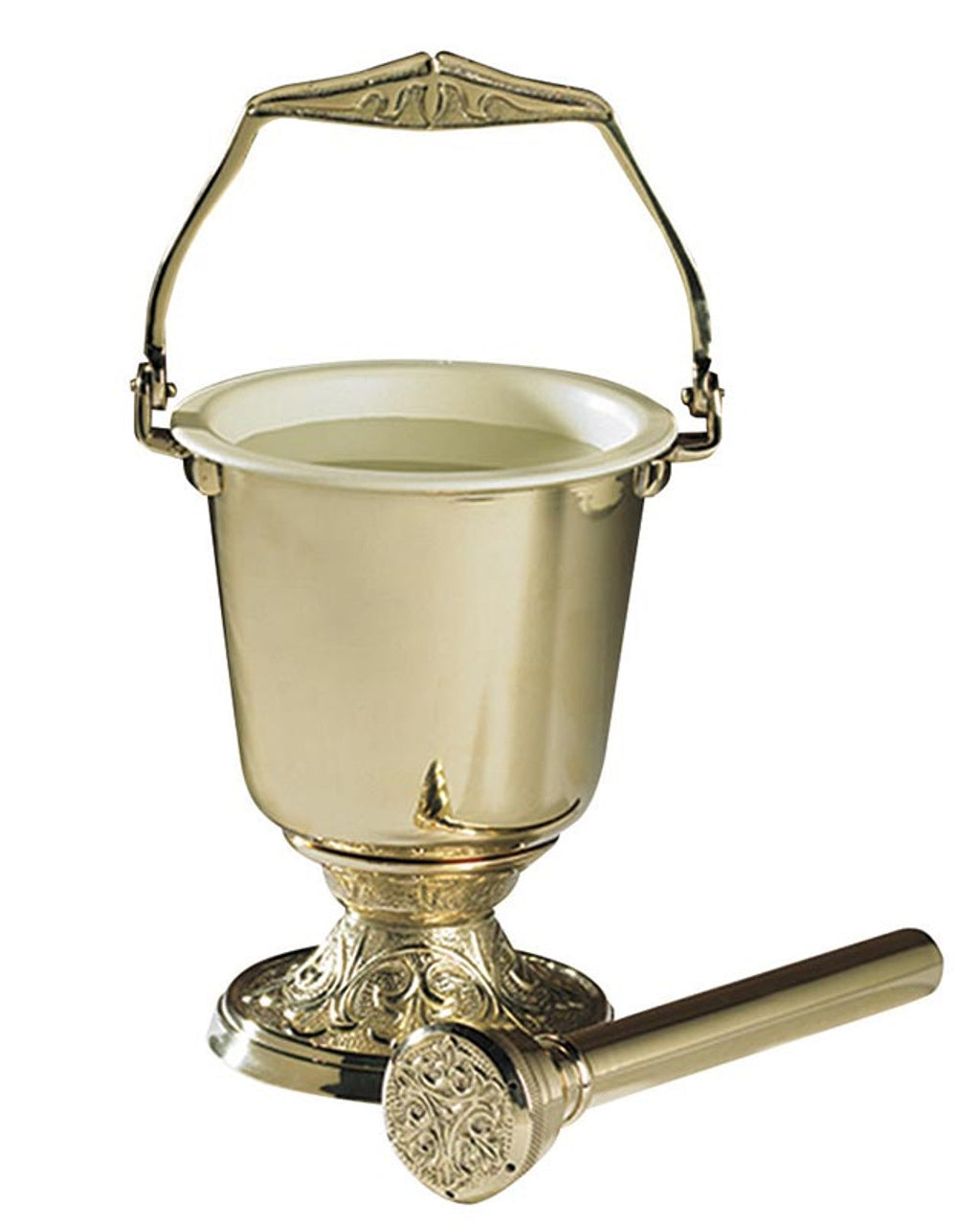Decorative brass ice bucket with handle on a white background