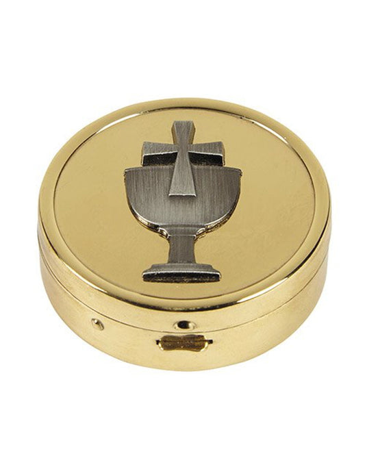 Gold circular object with a silver chalice symbol on a white background