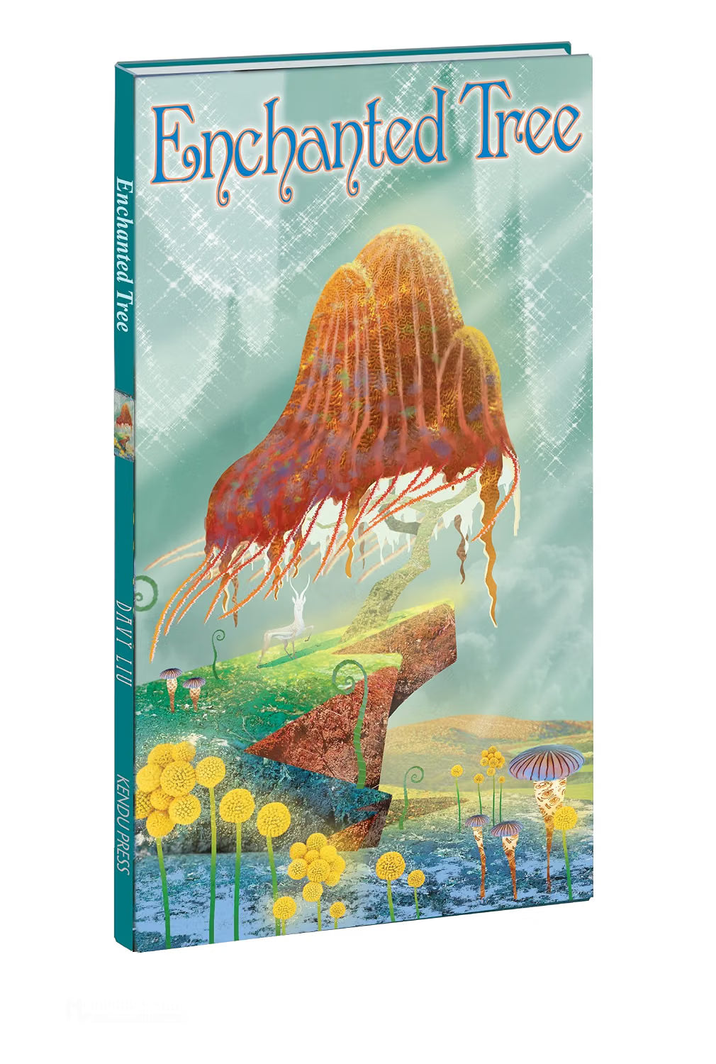 A hardcover art book titled 'Enchanted Tree' with a colorful fantasy illustration of a glowing tree on a landscape, shown at an angle against a white background.
