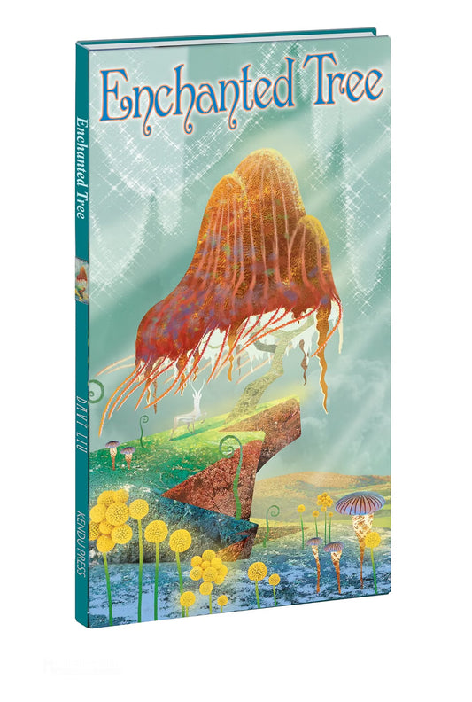 A hardcover art book titled 'Enchanted Tree' with a colorful fantasy illustration of a glowing tree on a landscape, shown at an angle against a white background.