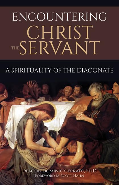 Book cover of 'Encountering Christ the Servant' with a historical scene of a man washing another's feet.