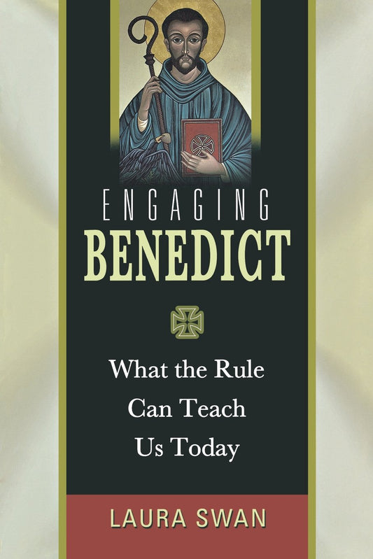 Book cover of 'Engaging Benedict' by Laura Swan with an illustration of a saint on a black background.