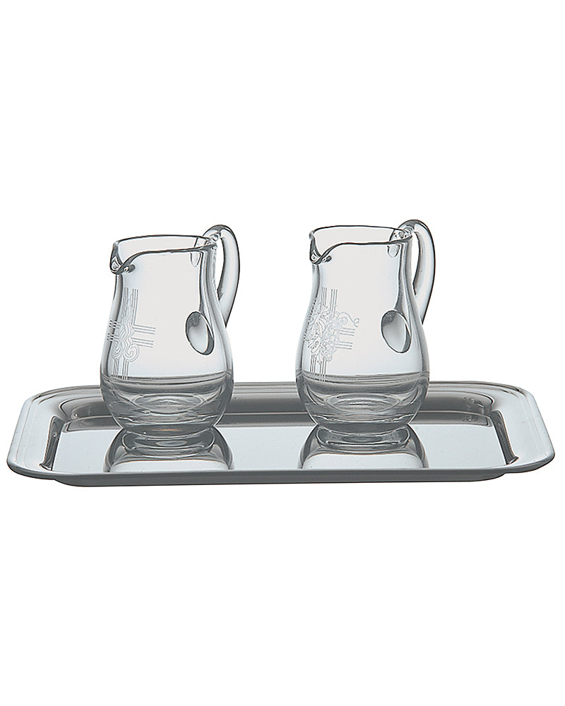 Two glass pitchers on a silver tray with 'Frode' branding on a white background