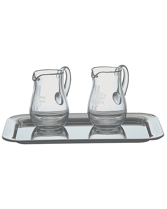 Two glass pitchers on a silver tray with 'Frode' branding on a white background