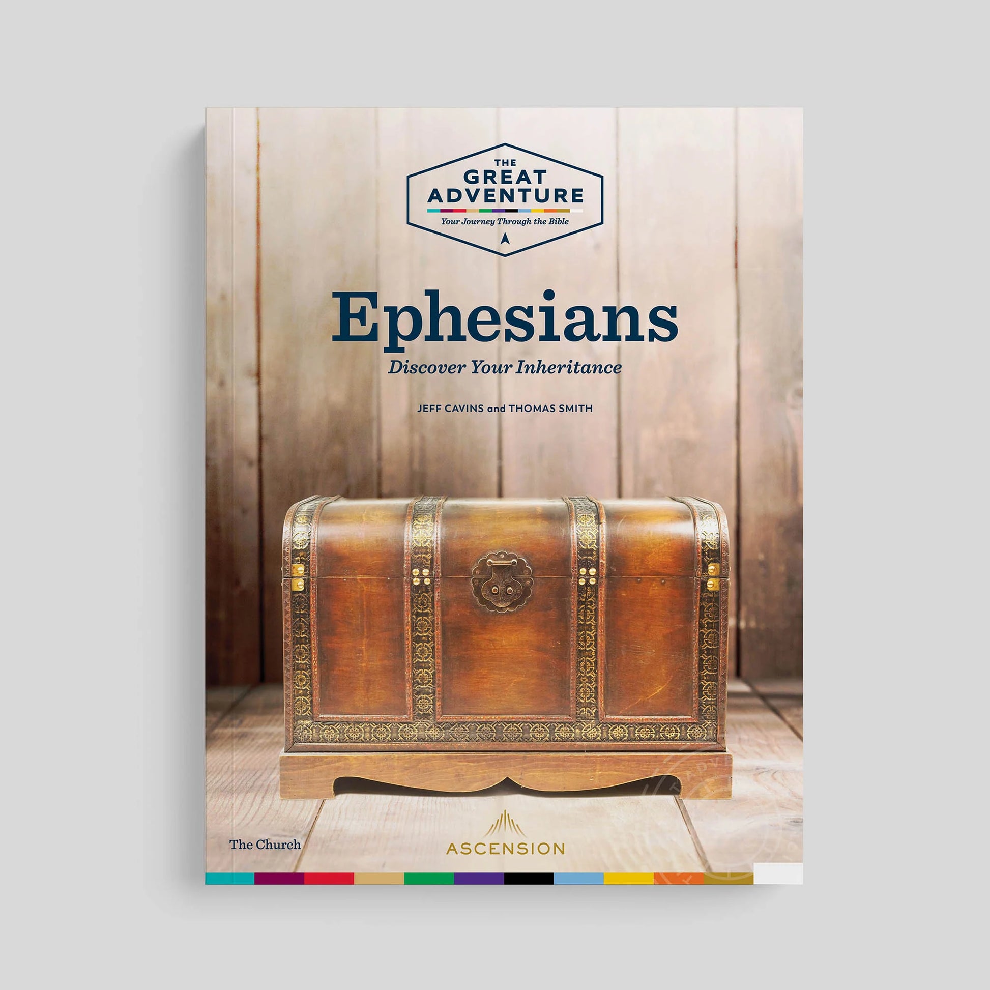 Book cover of 'Ephesians' with a wooden chest and 'The Great Adventure' logo on a gray background