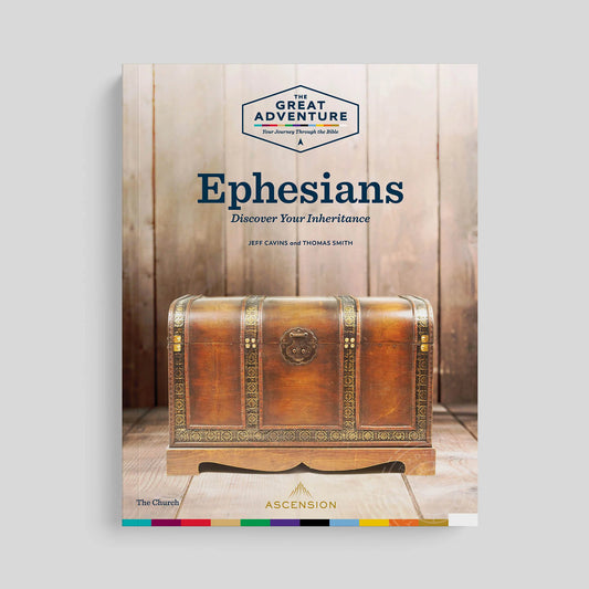 Book cover of 'Ephesians' with a wooden chest and 'The Great Adventure' logo on a gray background
