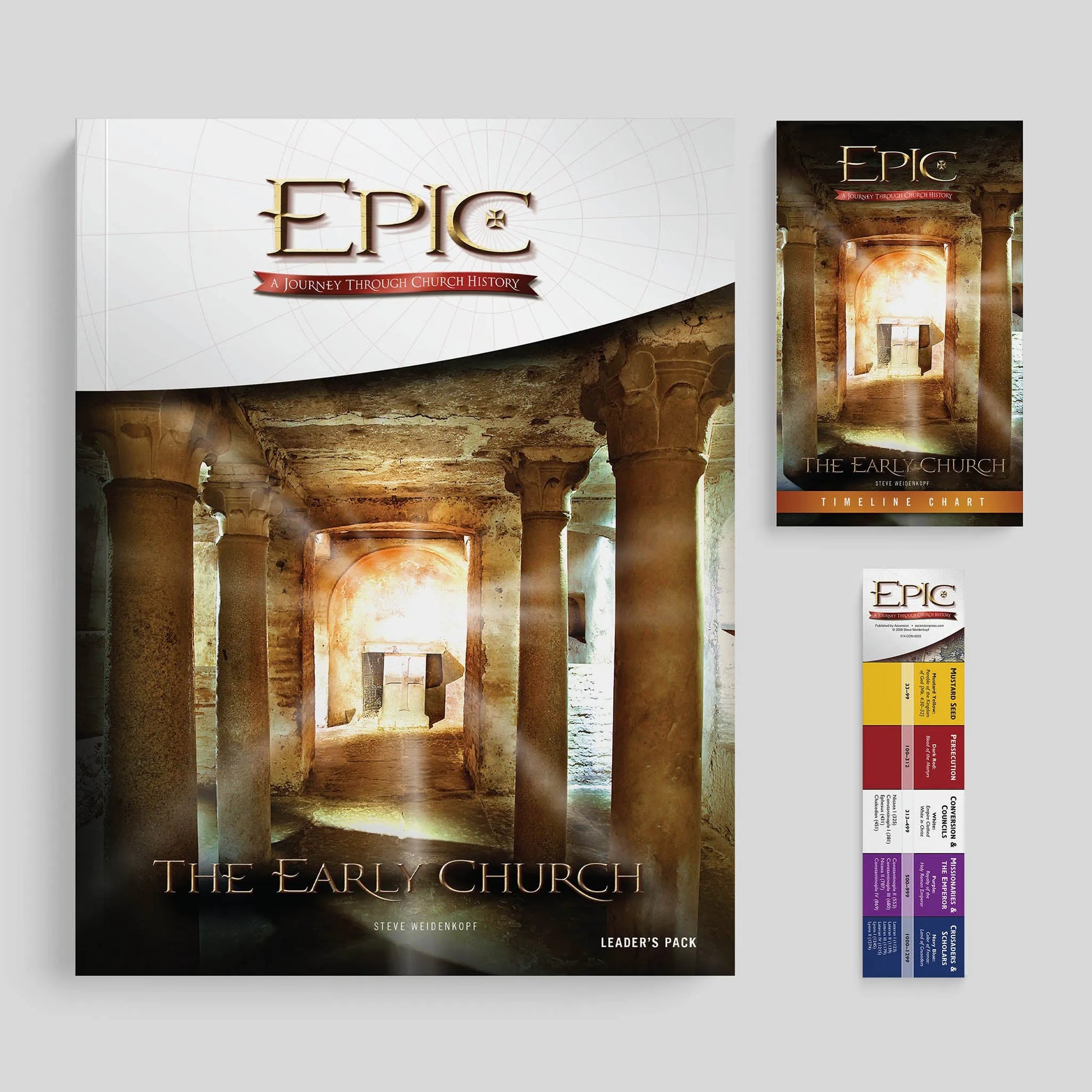 Epic book series packaging for 'The Early Church' on a gray background