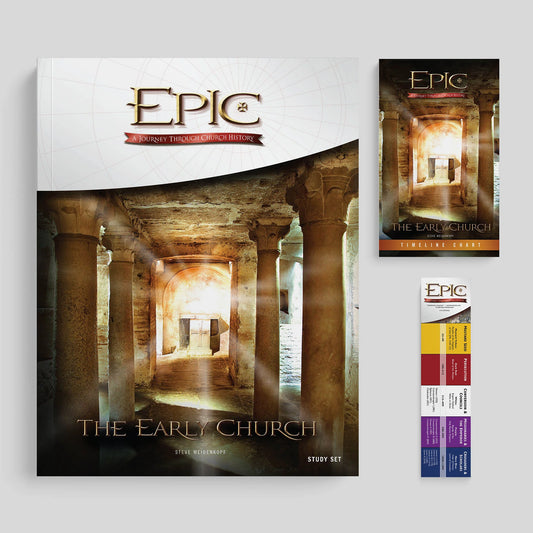 Epic study set for 'The Early Church' with architectural imagery on a gray background