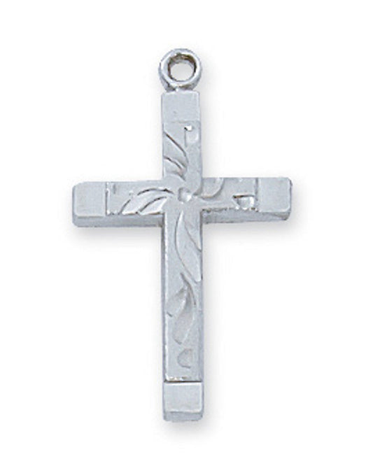 A sterling silver cross pendant with engraved details, attached to a rhodium plated chain, presented against a white background.