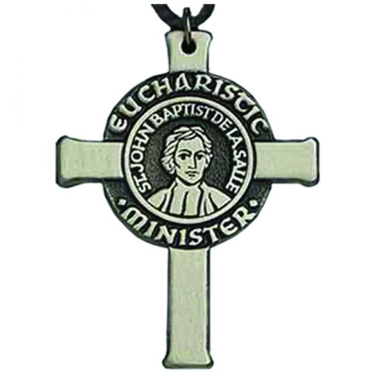 Cross-shaped pendant with 'Eucharistic Minister' text and a portrait on a white background