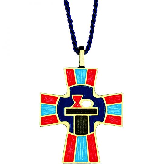 Colorful cross pendant on a blue cord against a white background