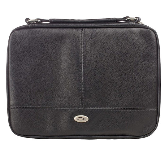 Black leather briefcase with a fish emblem on a white background