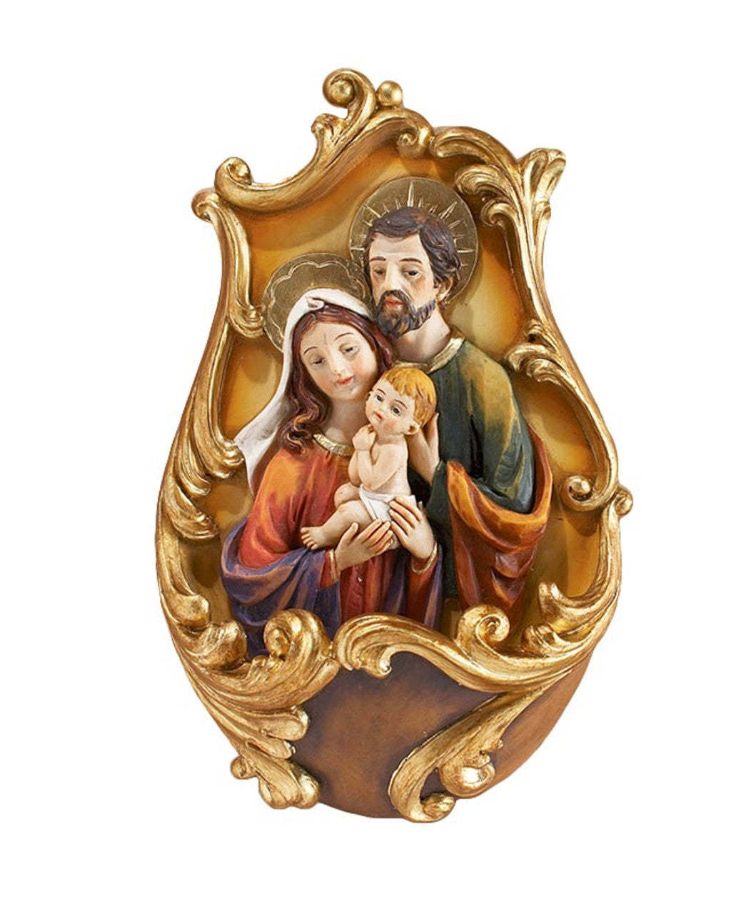Decorative wall art of the Holy Family with ornate gold frame on a white background
