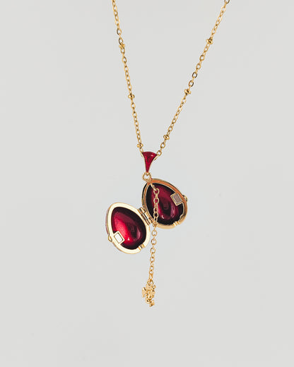 Gold necklace with a red gemstone pendant on a light gray background