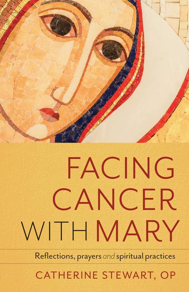 Book cover of 'Facing Cancer with Mary' featuring a mosaic-style illustration of a face.