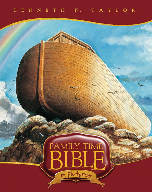 Book cover of 'Family-Time Bible in Pictures' with Noah's Ark and rainbow