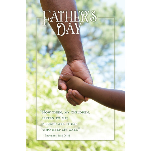 Father and child holding hands with a blurred green background, featuring 'Father's Day' text and a quote.