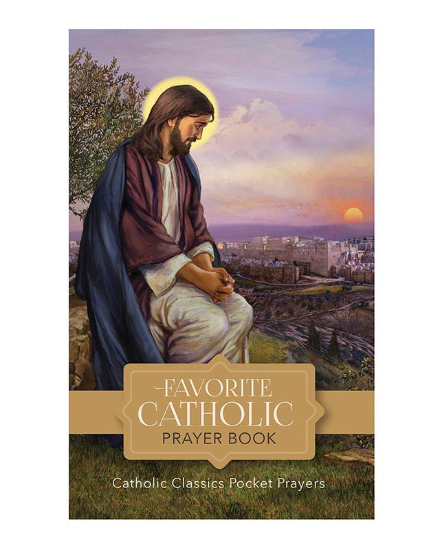 Cover of 'Favorite Catholic Prayer Book' with an illustration of a religious figure in a landscape.