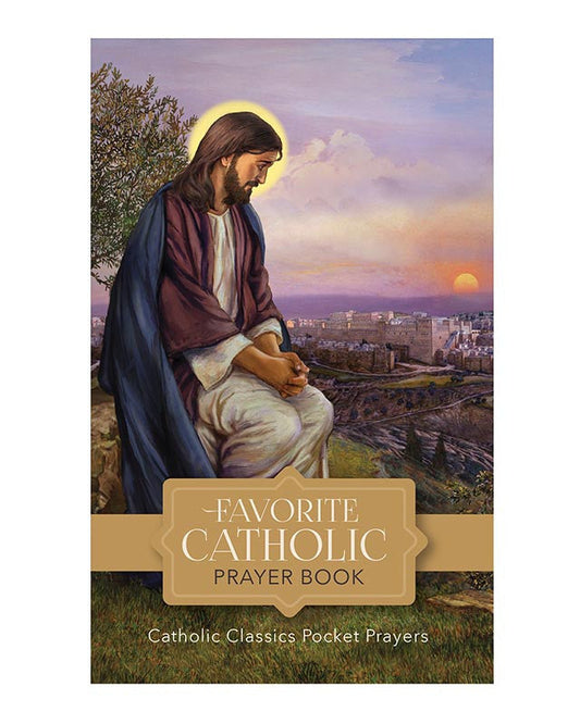 Cover of 'Favorite Catholic Prayer Book' with an illustration of a religious figure in a landscape.