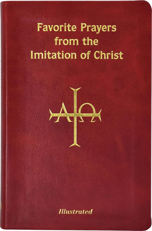 Red book titled 'Favorite Prayers from the Imitation of Christ' with gold text and symbol on a white background