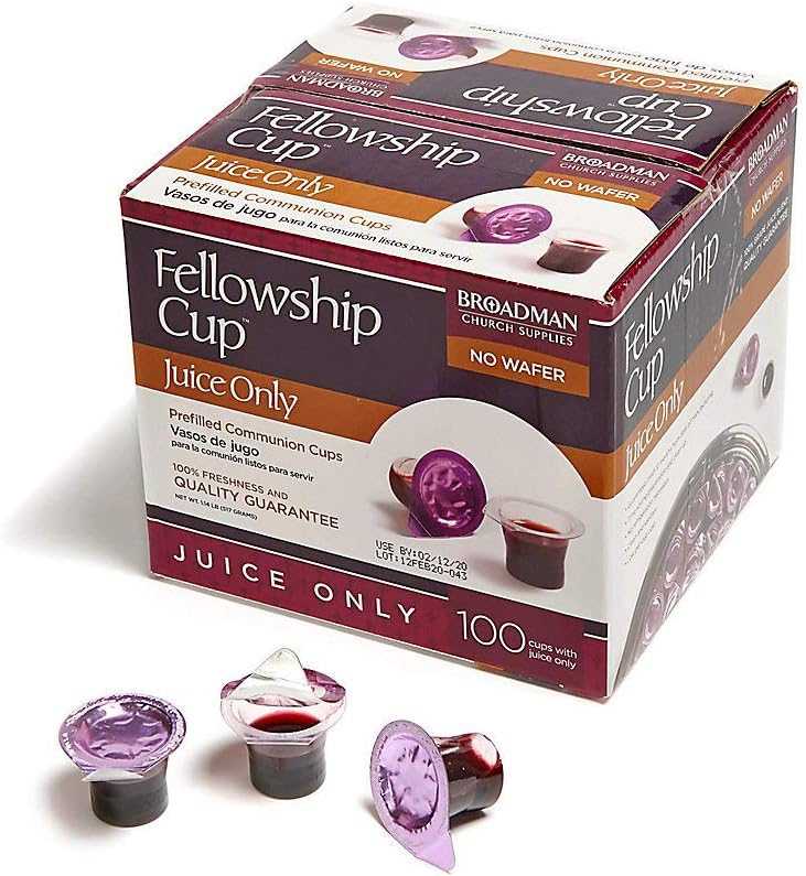 Box of Fellowship Cup Juice Only communion cups with individual cups displayed in front.
