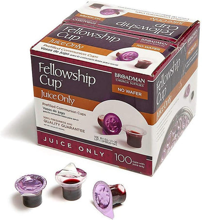 Box of Fellowship Cup Juice Only communion cups with individual cups displayed in front.