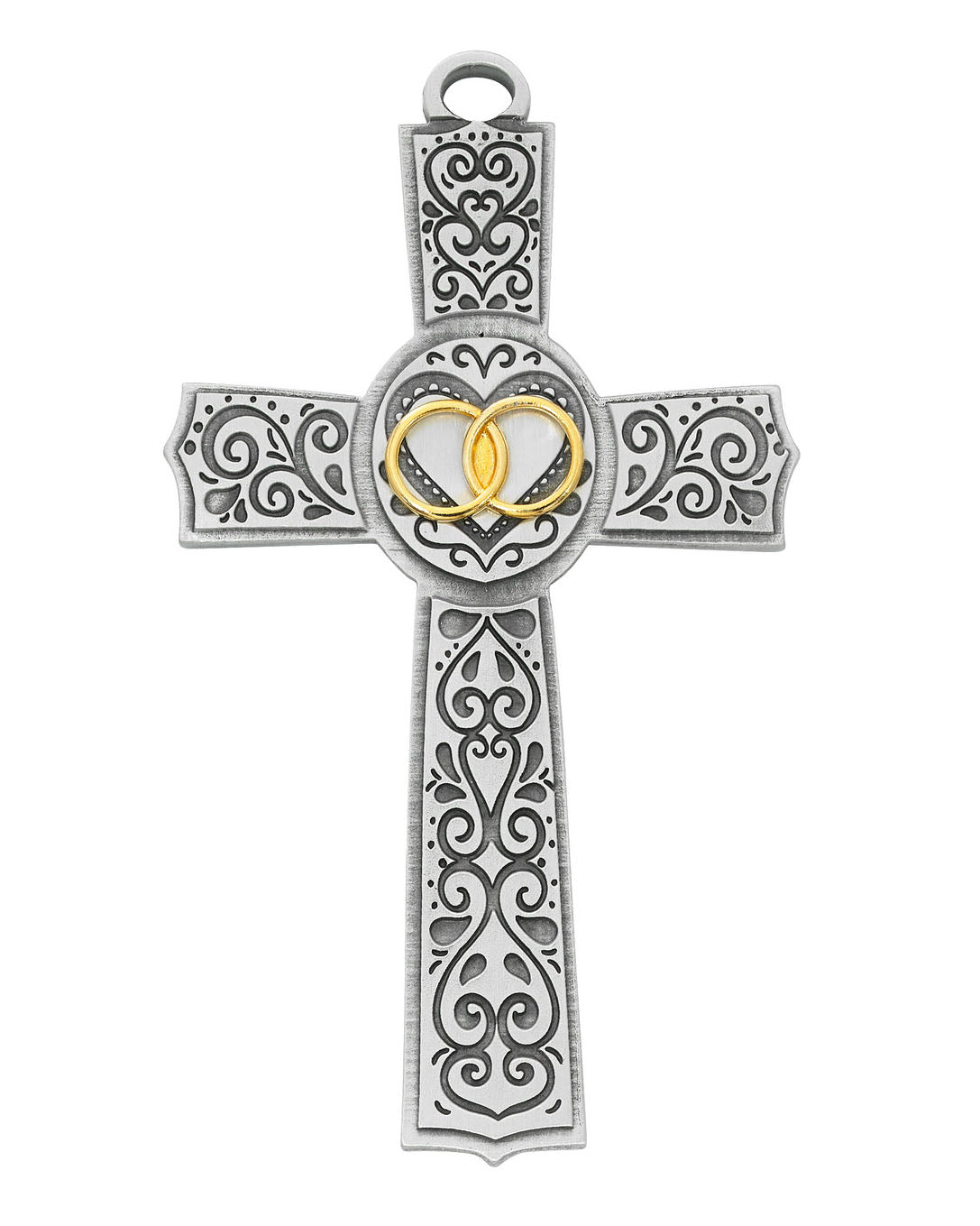 Decorative cross pendant with heart design on a white background