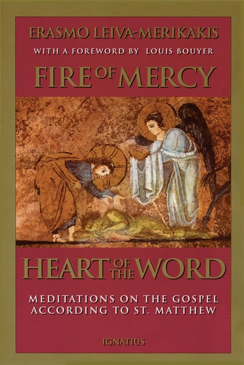 Book cover of 'Fire of Mercy, Heart of the Word' with religious artwork on a red and gold background.