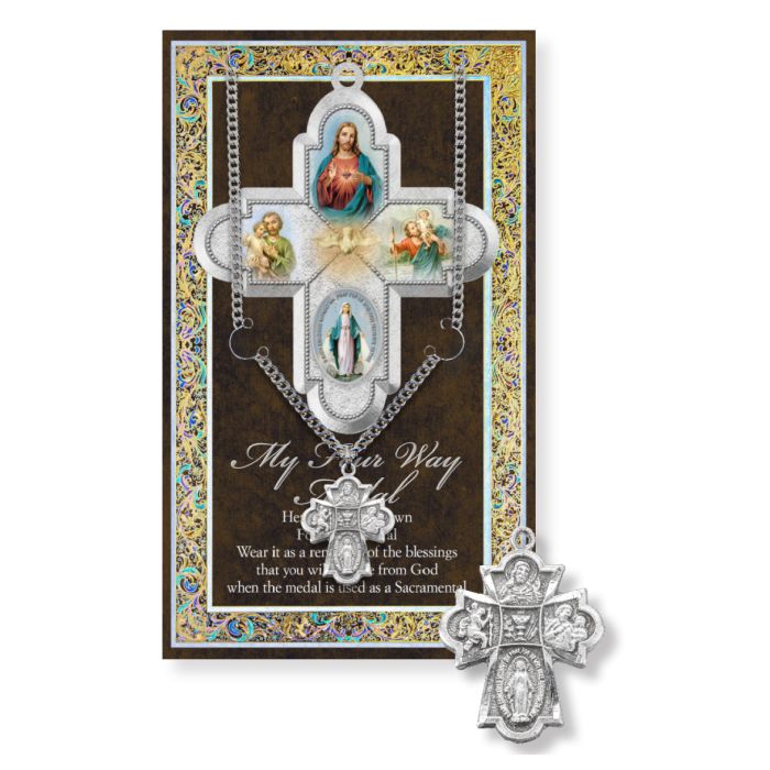 A pewter First Communion Cross with a four-way design, featuring images of the Sacred Heart, St. Joseph, St.