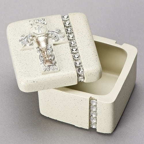 A small, square-shaped keepsake box with a silver scroll chalice design, embellished with rhinestones and silver highlights. The box is open, revealing the interior compartment.