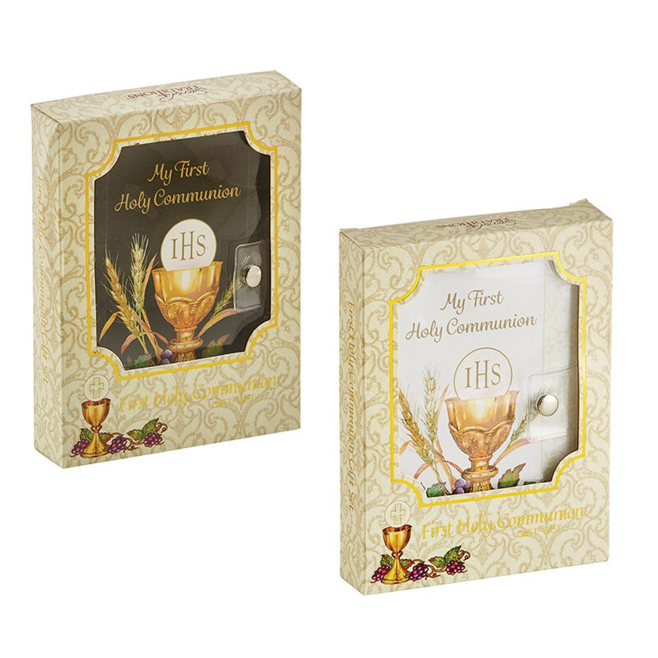 Two First Communion wallet sets in white and black, each with a religious emblem on the front, presented against a gold-patterned background.