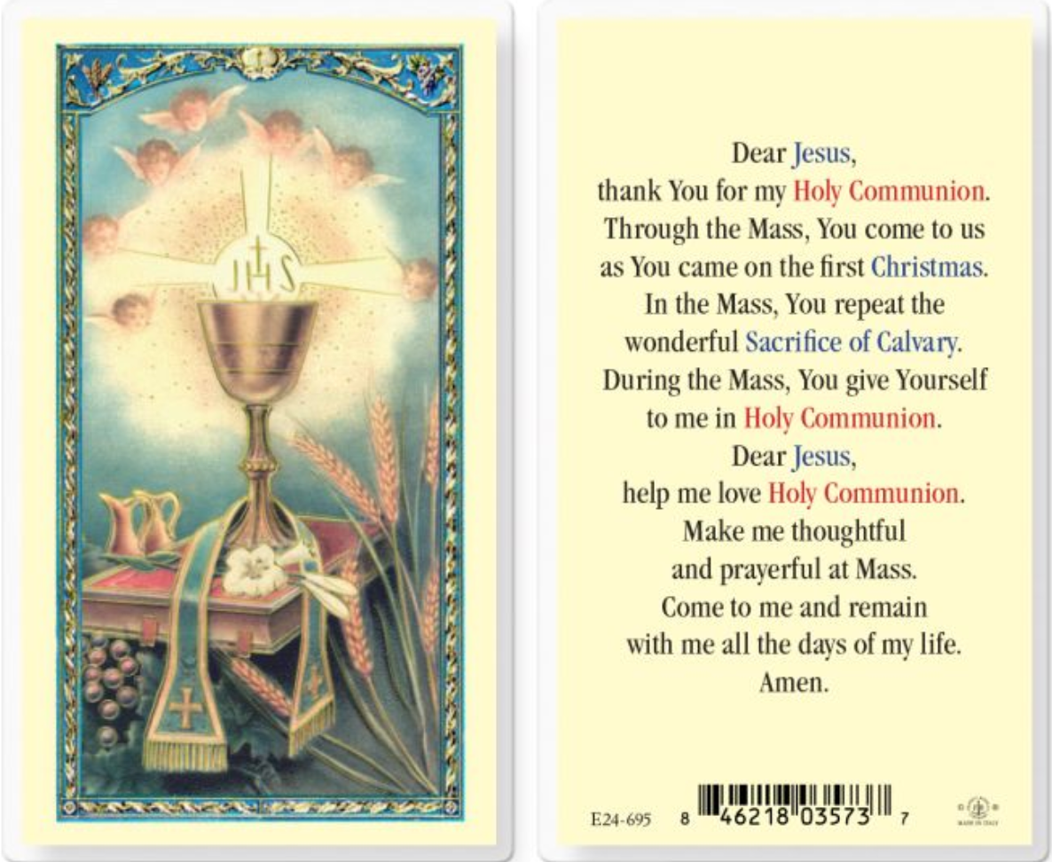 Laminated Italian holy card featuring gold accents and Fratelli-Bonella artwork with a First Communion theme, including a chalice, Host, and text.